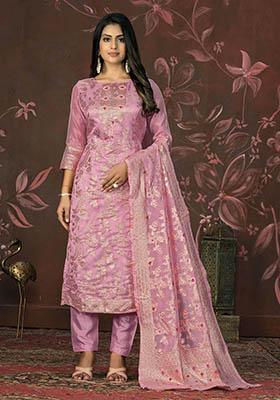 Pink Embroidered Organza Dress Material