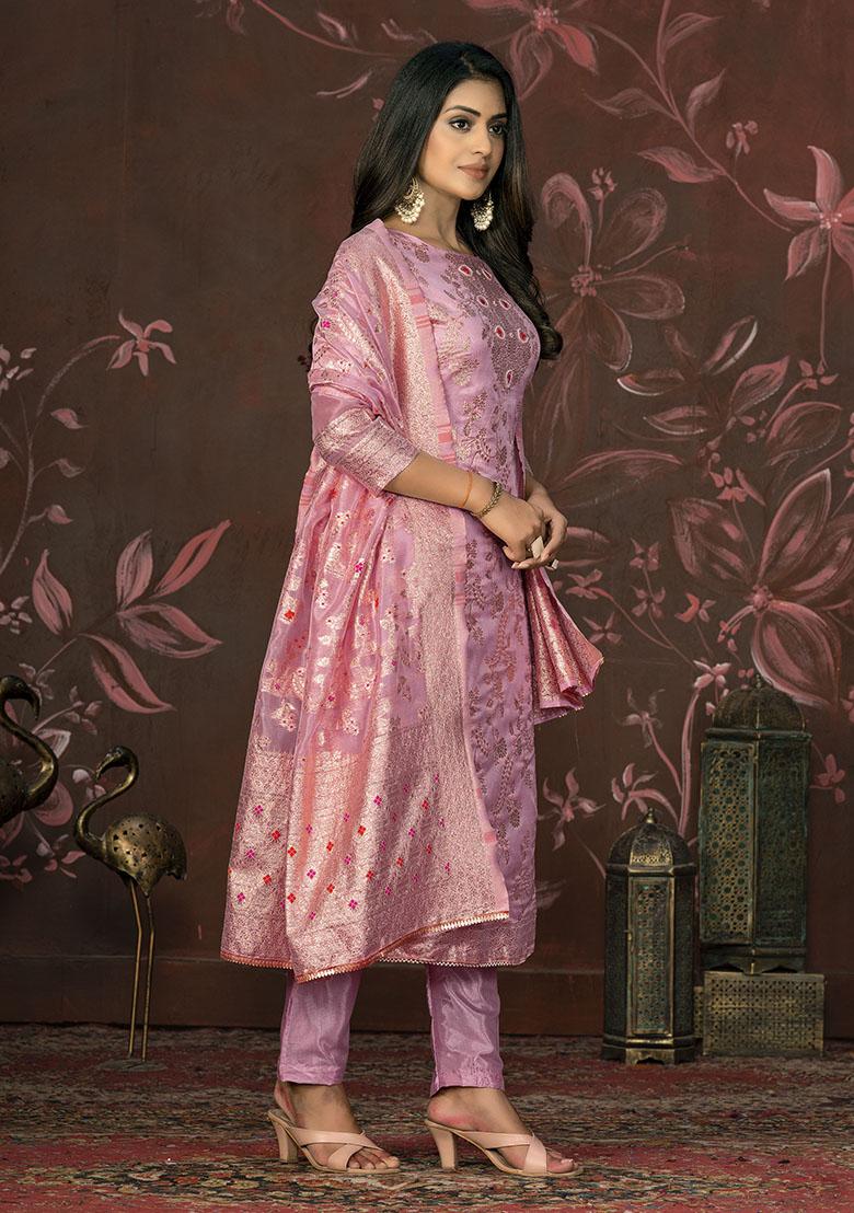 Pink Embroidered Organza Dress Material