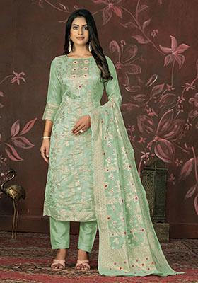 Pista Green Embroidered Organza Dress Material