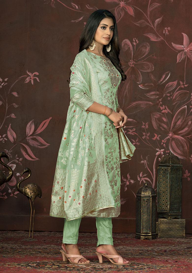 Pista Green Embroidered Organza Dress Material