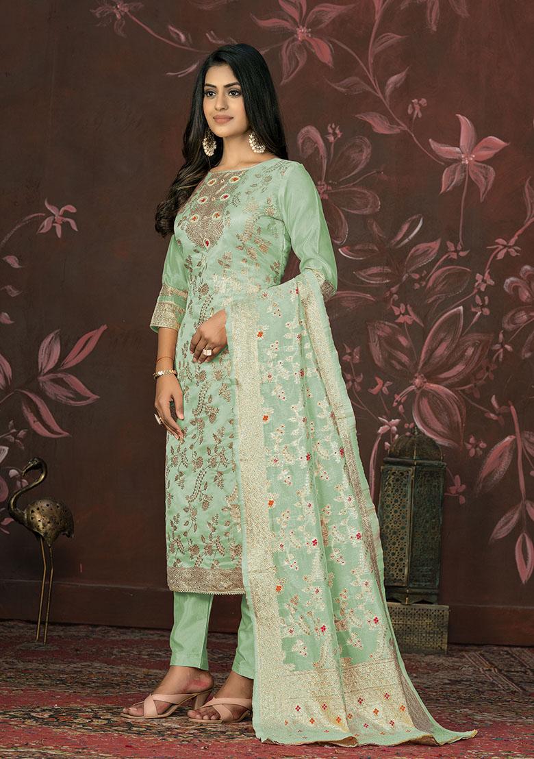Pista Green Embroidered Organza Dress Material