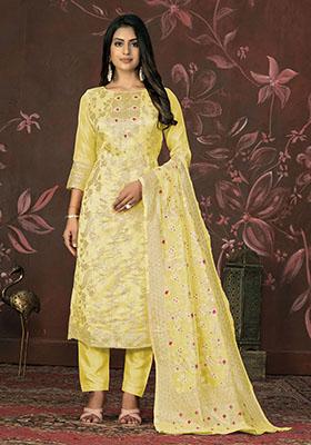 Yellow Embroidered Organza Dress Material