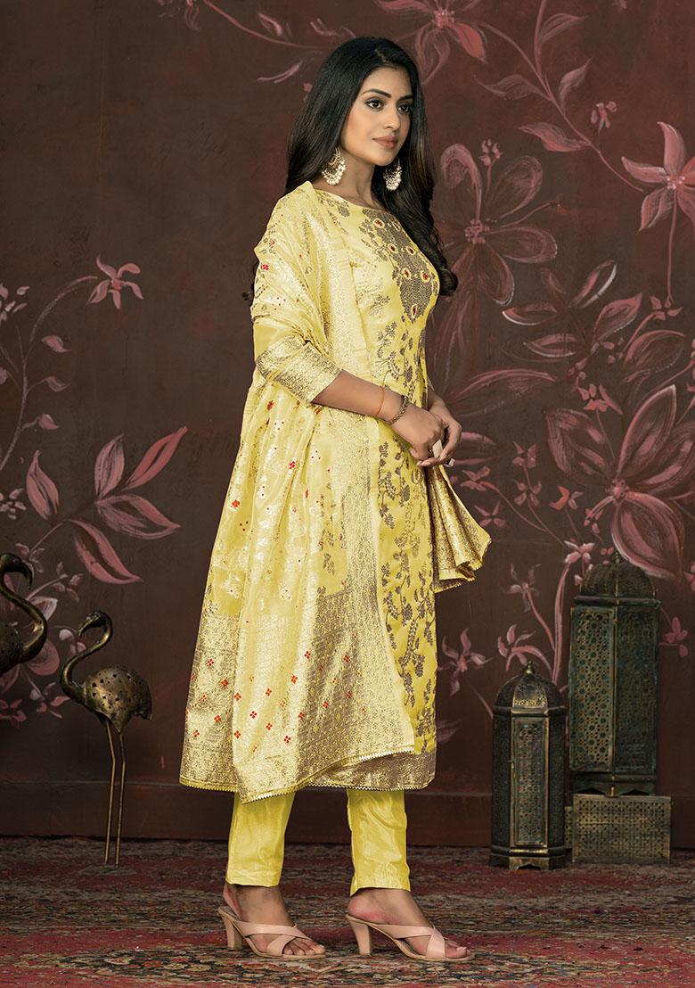 Yellow Embroidered Organza Dress Material