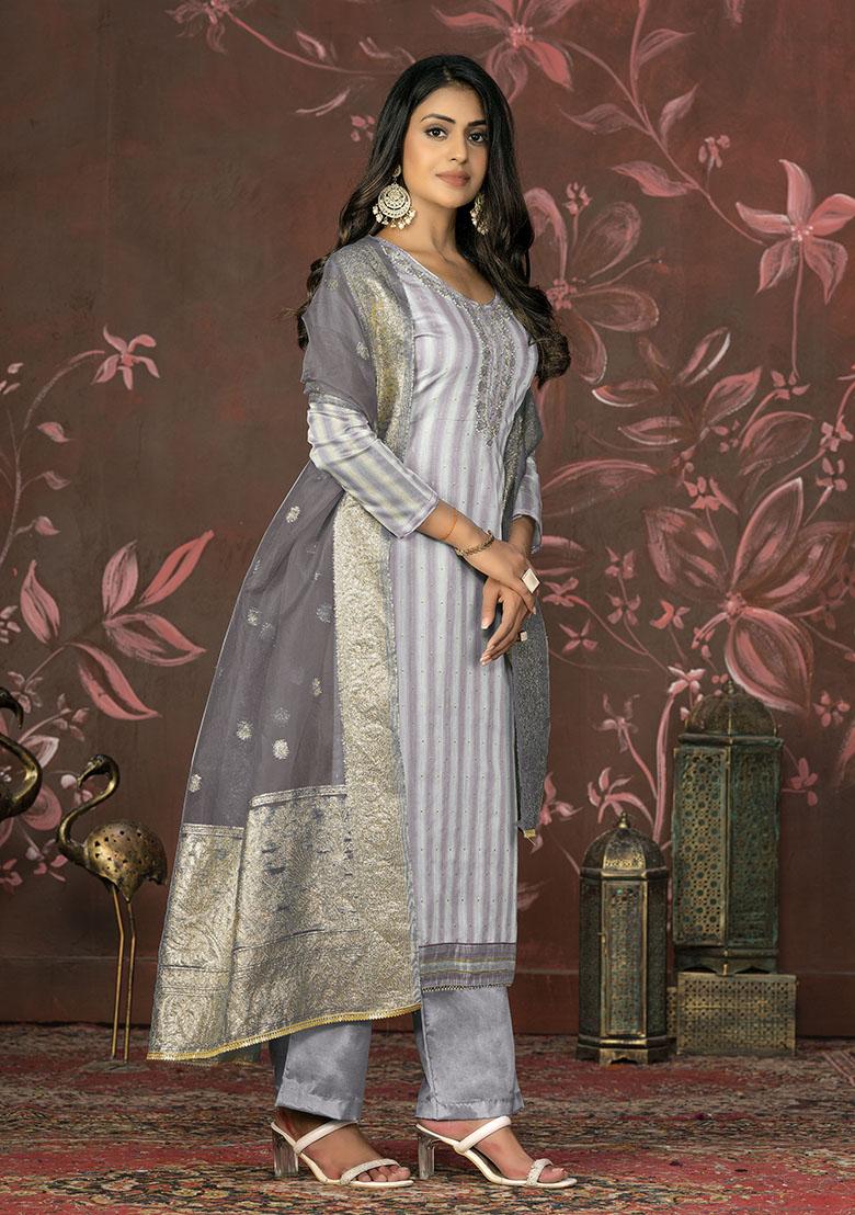 Grey Embroidered Organza Dress Material