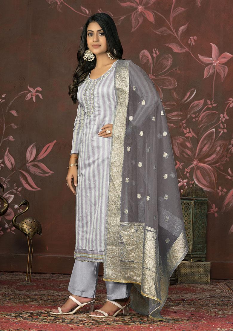 Grey Embroidered Organza Dress Material