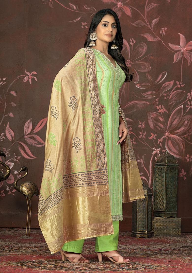 Pista Green Embroidered Modal Dress Material