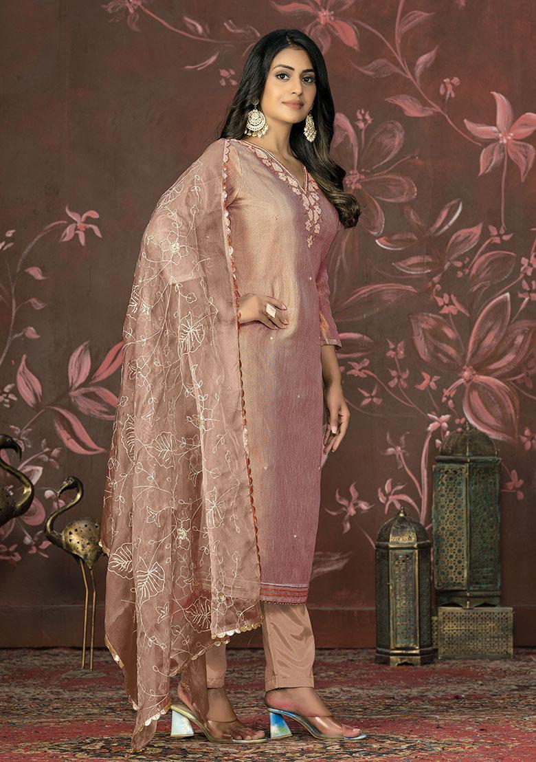 Peach Embroidered Organza Dress Material