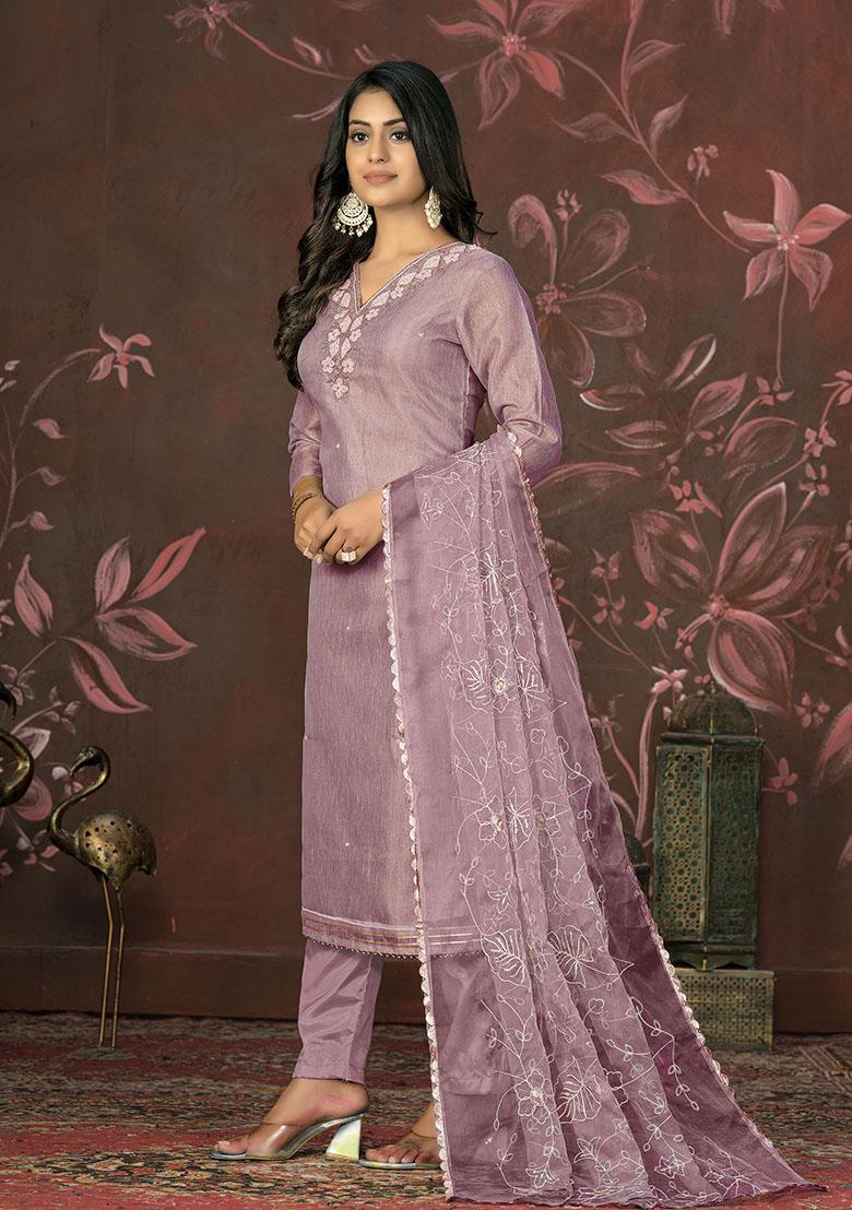 Pink Embroidered Organza Dress Material