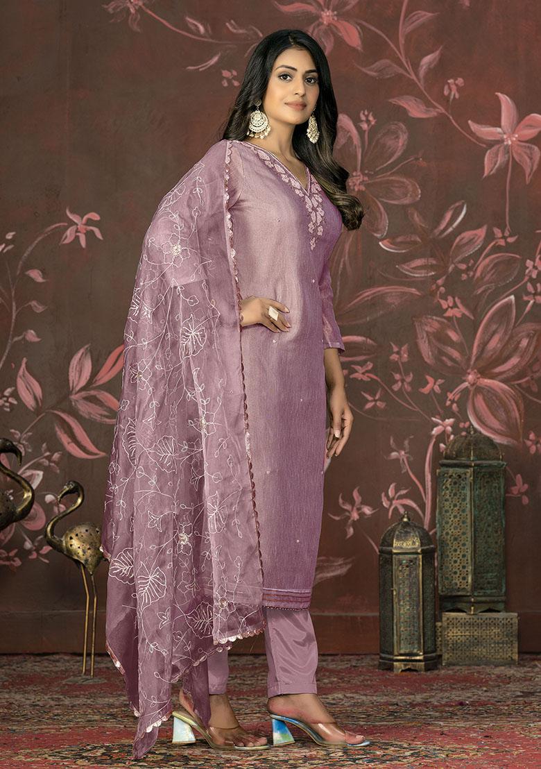 Pink Embroidered Organza Dress Material