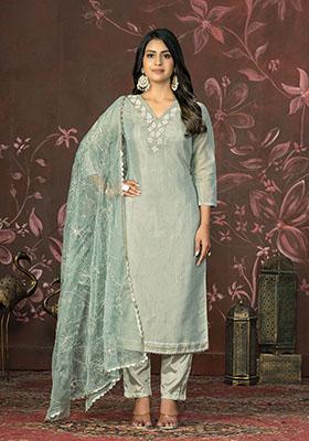 Pista Green Embroidered Organza Dress Material