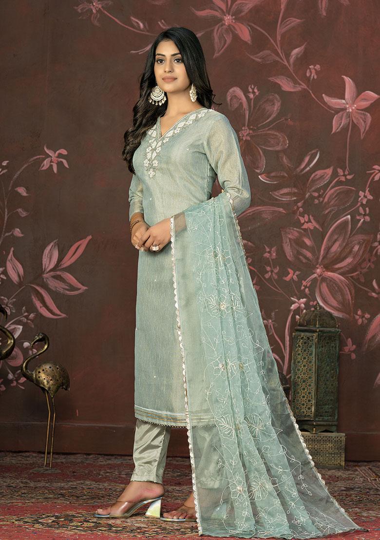 Pista Green Embroidered Organza Dress Material