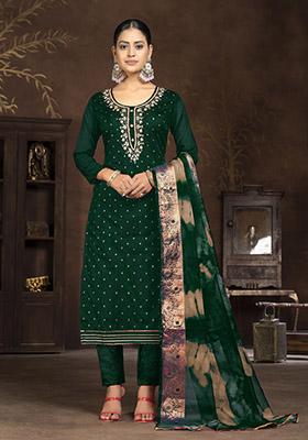 Green Embroidered Organza Dress Material