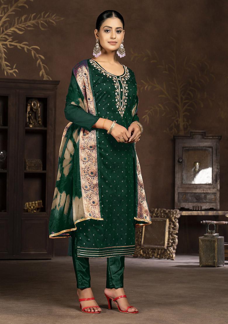 Green Embroidered Organza Dress Material