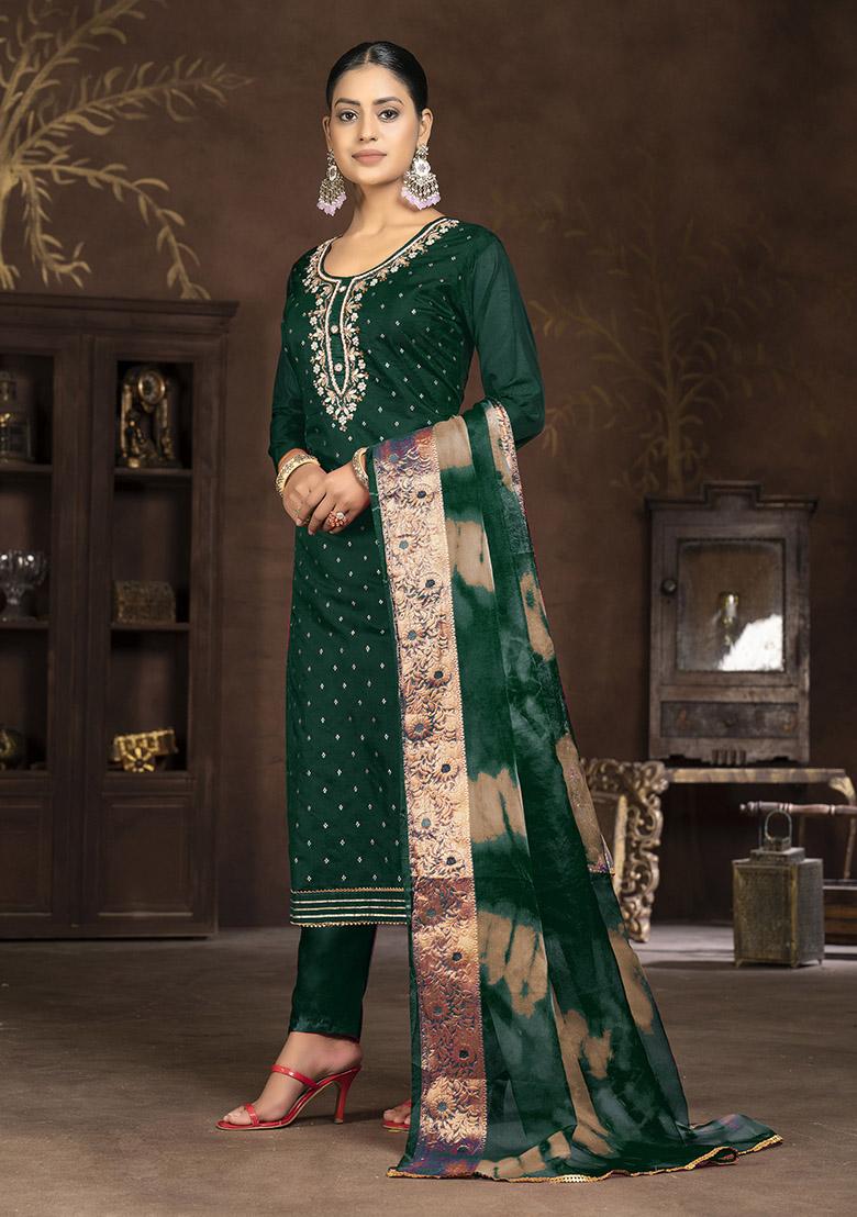 Green Embroidered Organza Dress Material