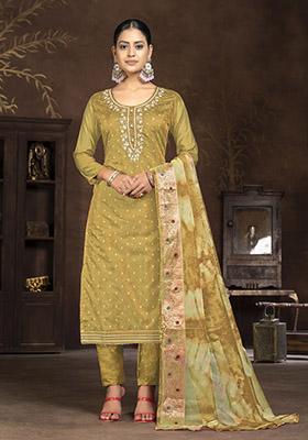 Mustard Yellow Embroidered Organza Dress Material
