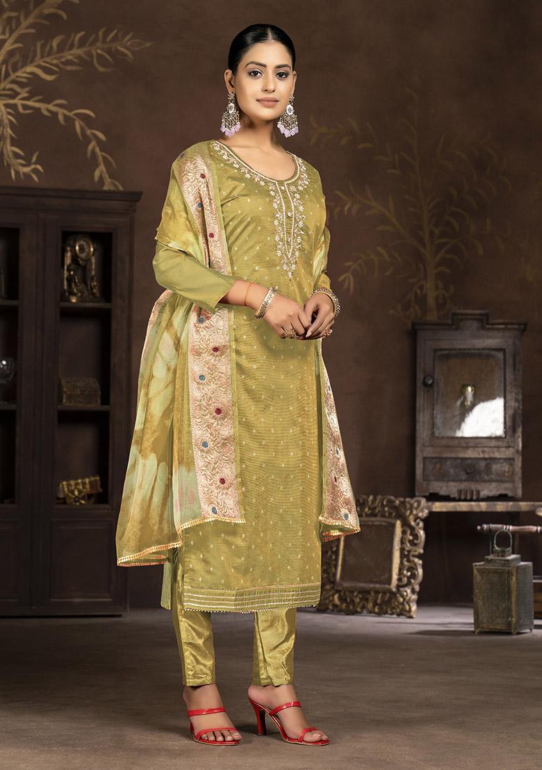 Mustard Yellow Embroidered Organza Dress Material