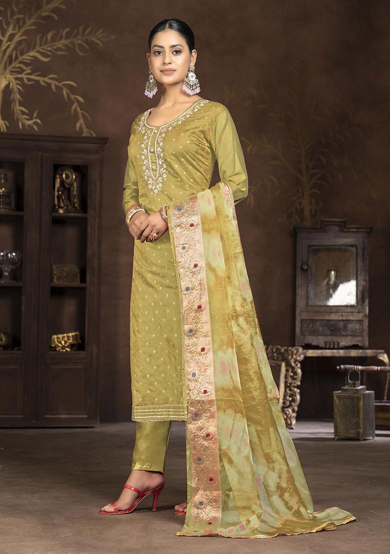 Mustard Yellow Embroidered Organza Dress Material