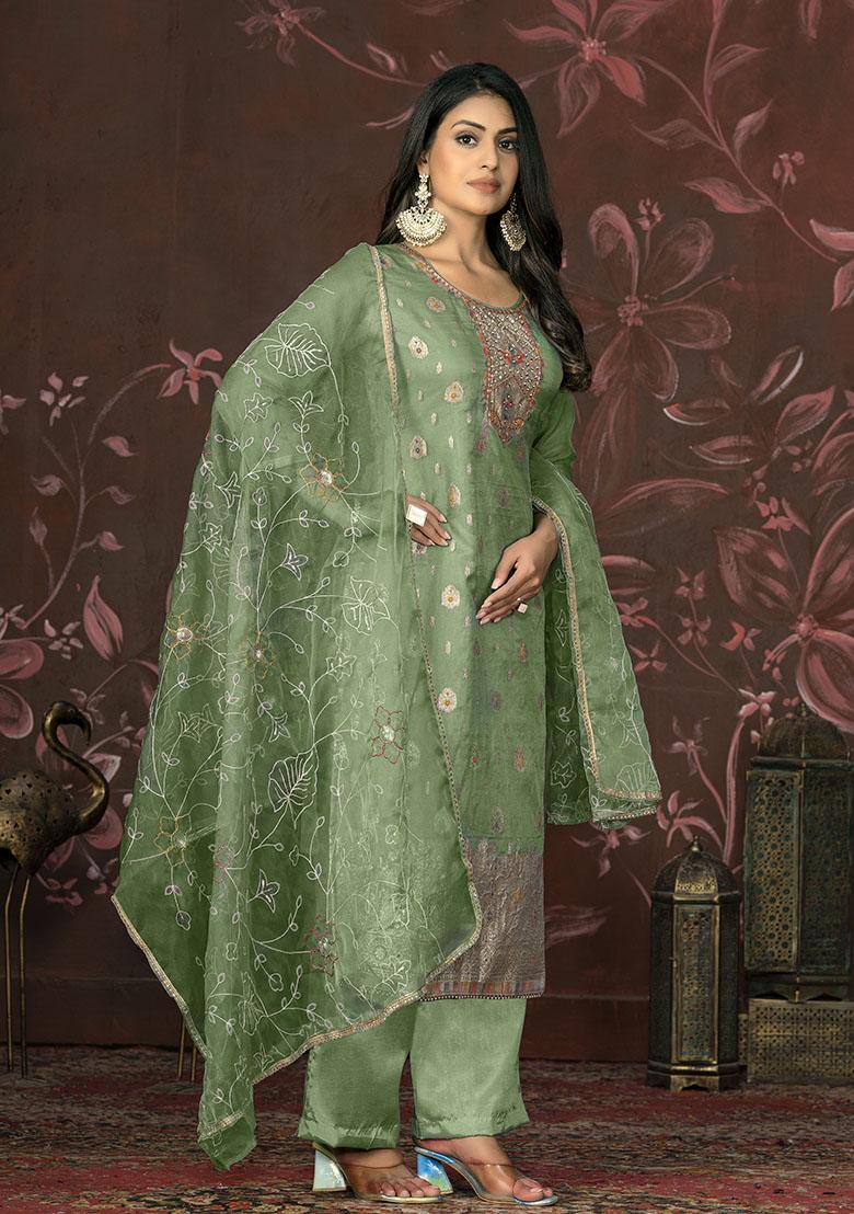 Green Striped Cotton Dress Material