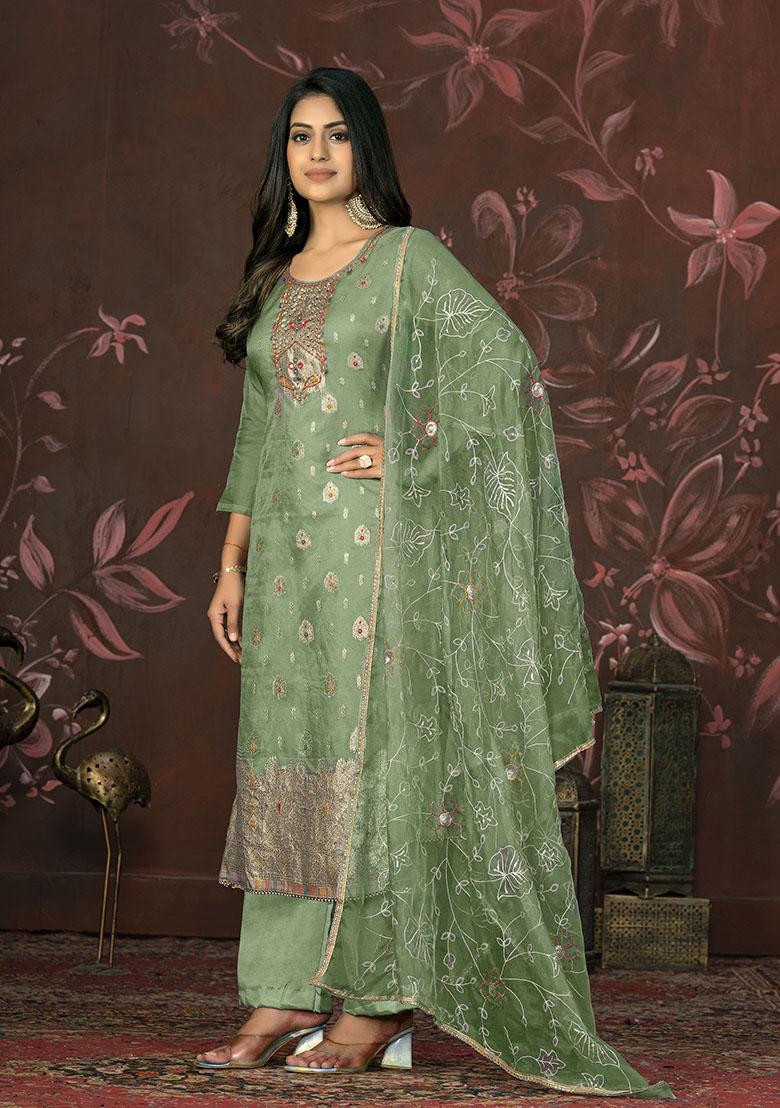 Green Striped Cotton Dress Material