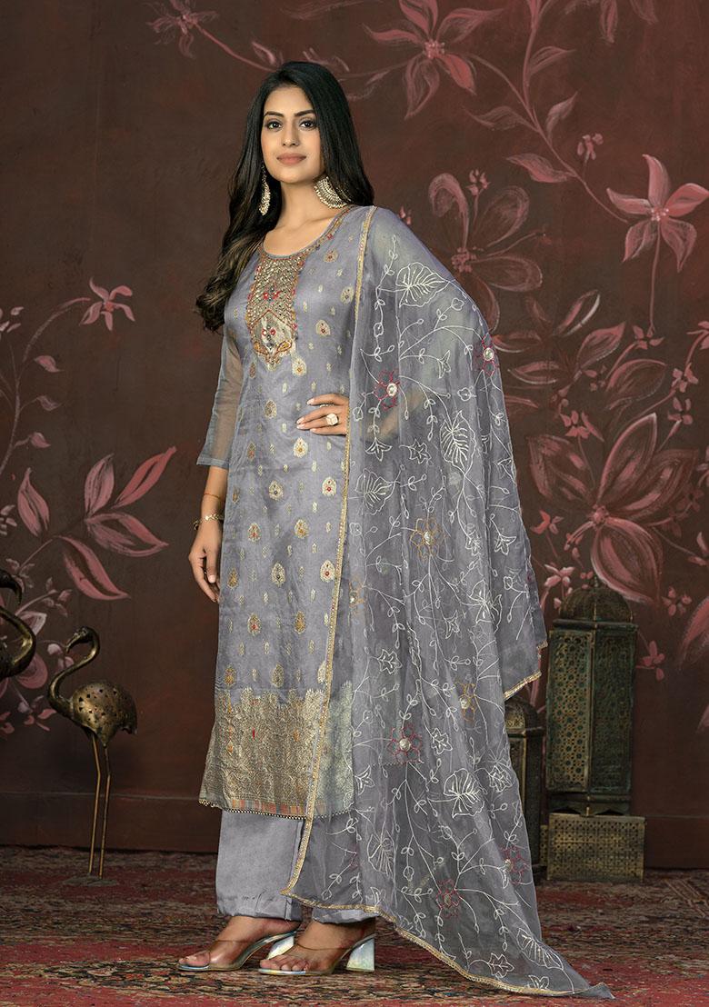 Grey Striped Cotton Dress Material