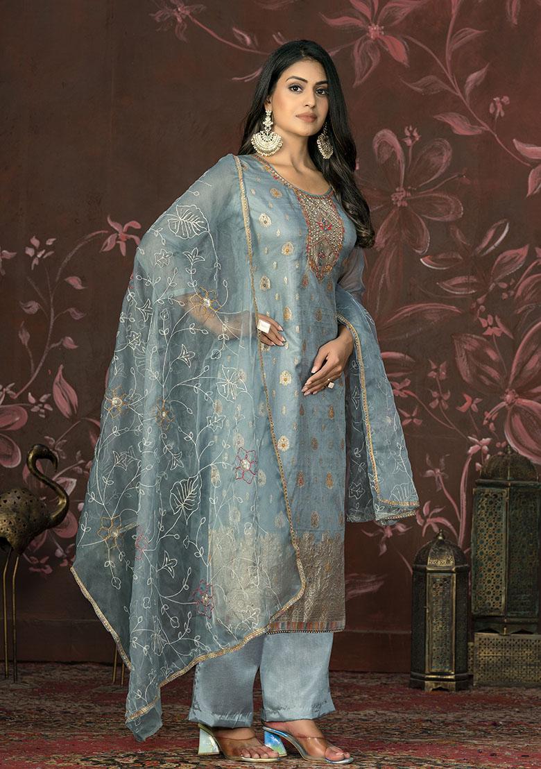 Navy Blue Printed Cotton Dress Material