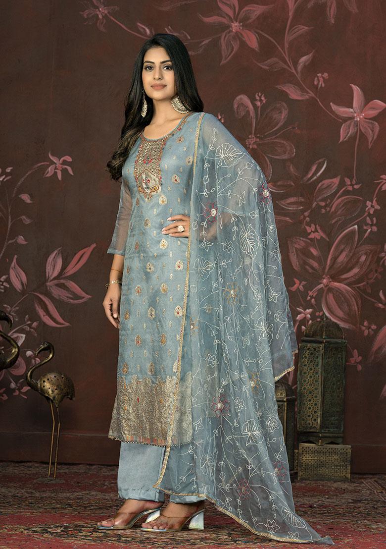 Navy Blue Printed Cotton Dress Material