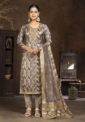 Brown Embroidered Modal Dress Material