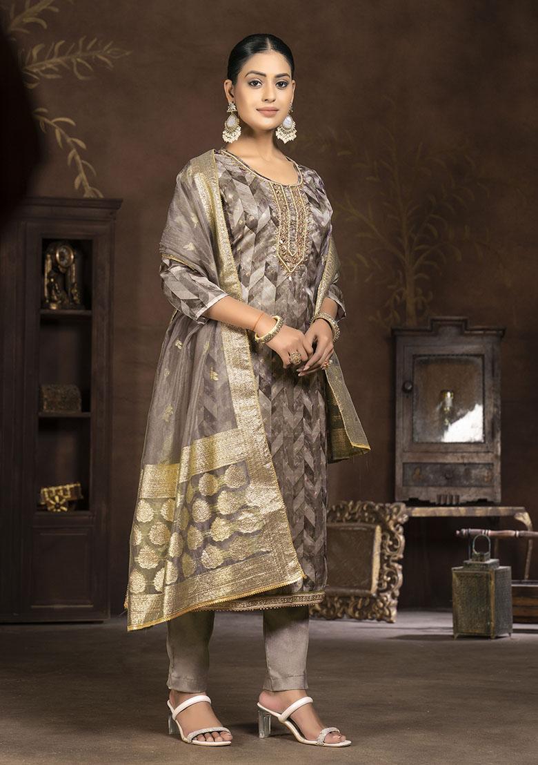 Brown Embroidered Modal Dress Material