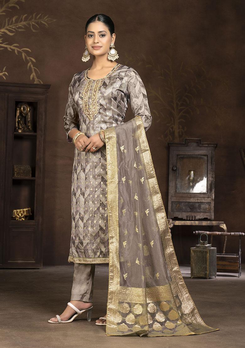 Brown Embroidered Modal Dress Material