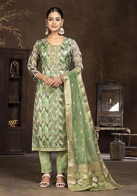 Green Embroidered Modal Dress Material
