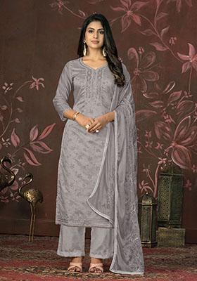 Grey Embroidered Cotton Dress Material