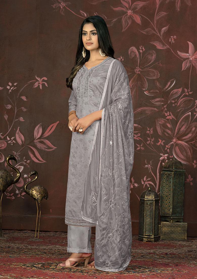 Grey Embroidered Cotton Dress Material