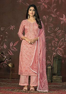 Peach Embroidered Cotton Dress Material