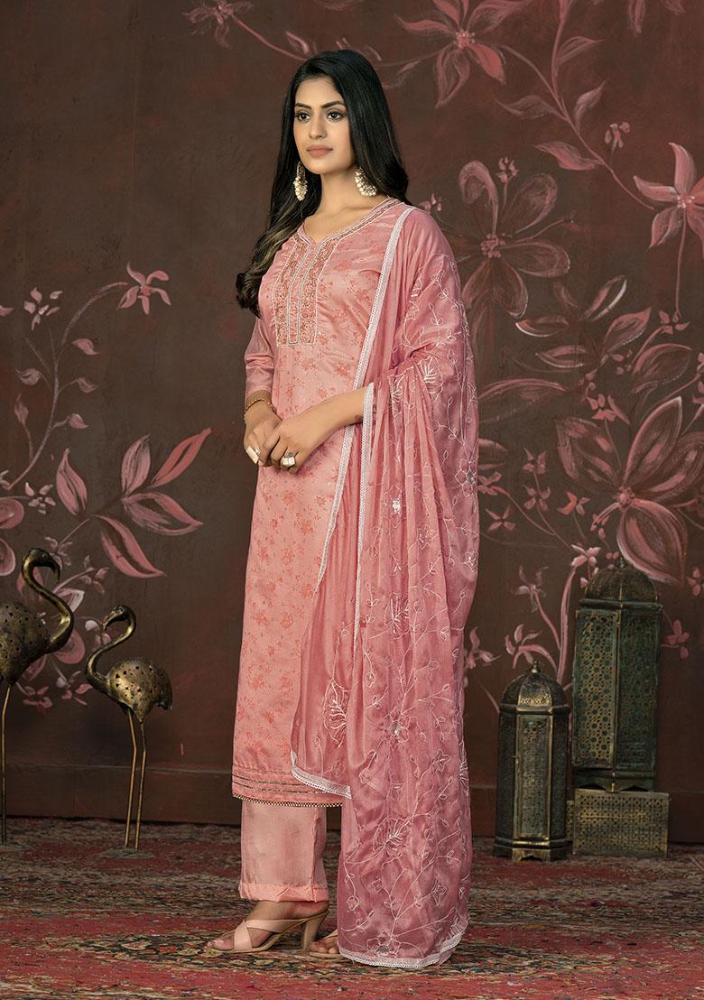 Peach Embroidered Cotton Dress Material