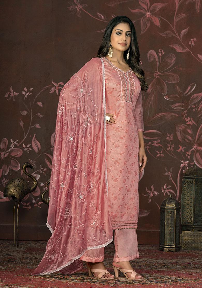 Peach Embroidered Cotton Dress Material