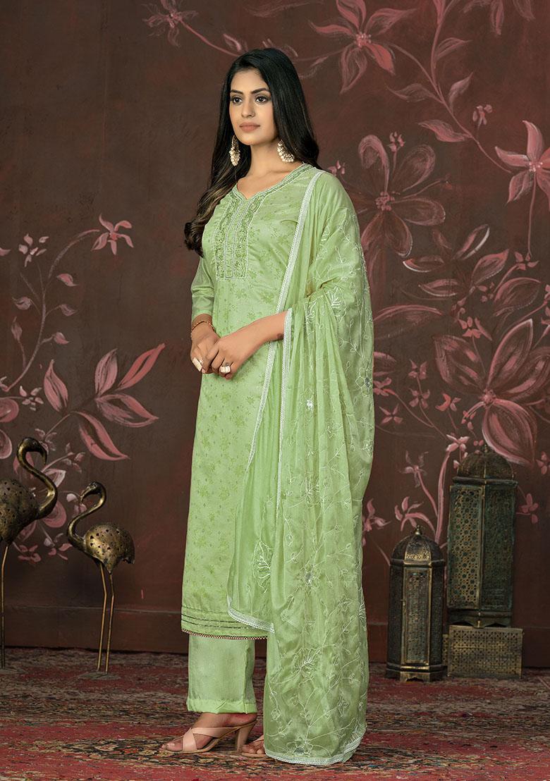 Pista Green Embroidered Cotton Dress Material