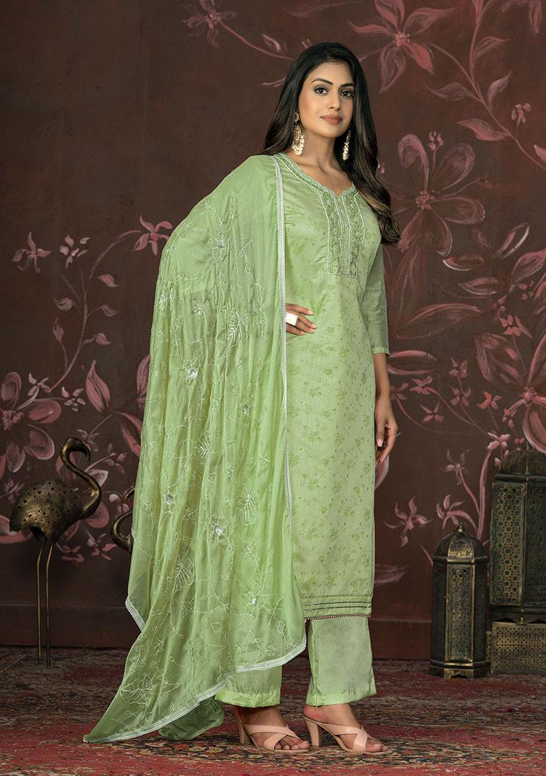 Pista Green Embroidered Cotton Dress Material