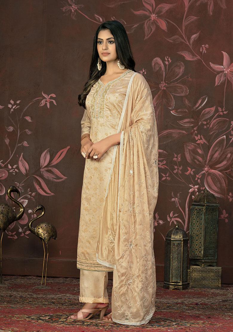 Yellow Embroidered Organza Dress Material