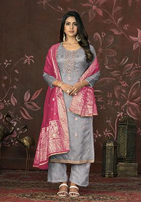 Grey Embroidered Organza Dress Material