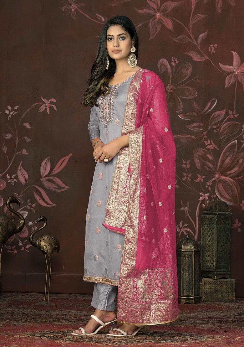 Grey Embroidered Organza Dress Material