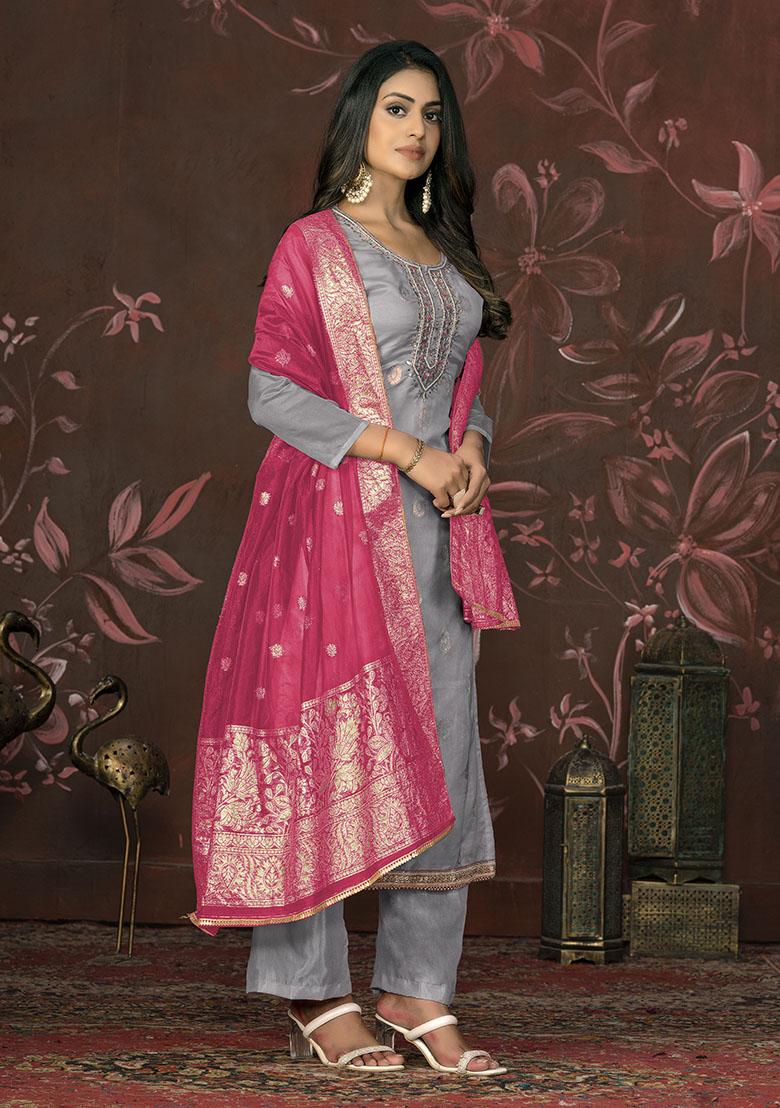 Grey Embroidered Organza Dress Material