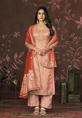 Peach Embroidered Organza Dress Material