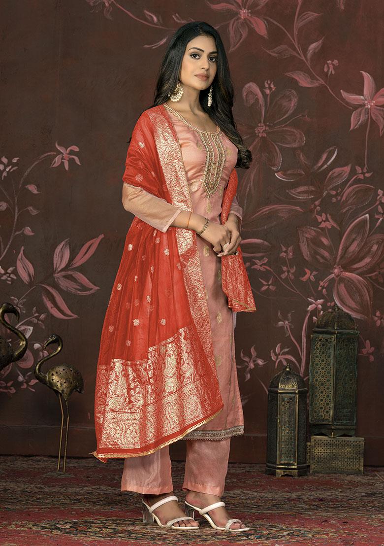 Peach Embroidered Organza Dress Material