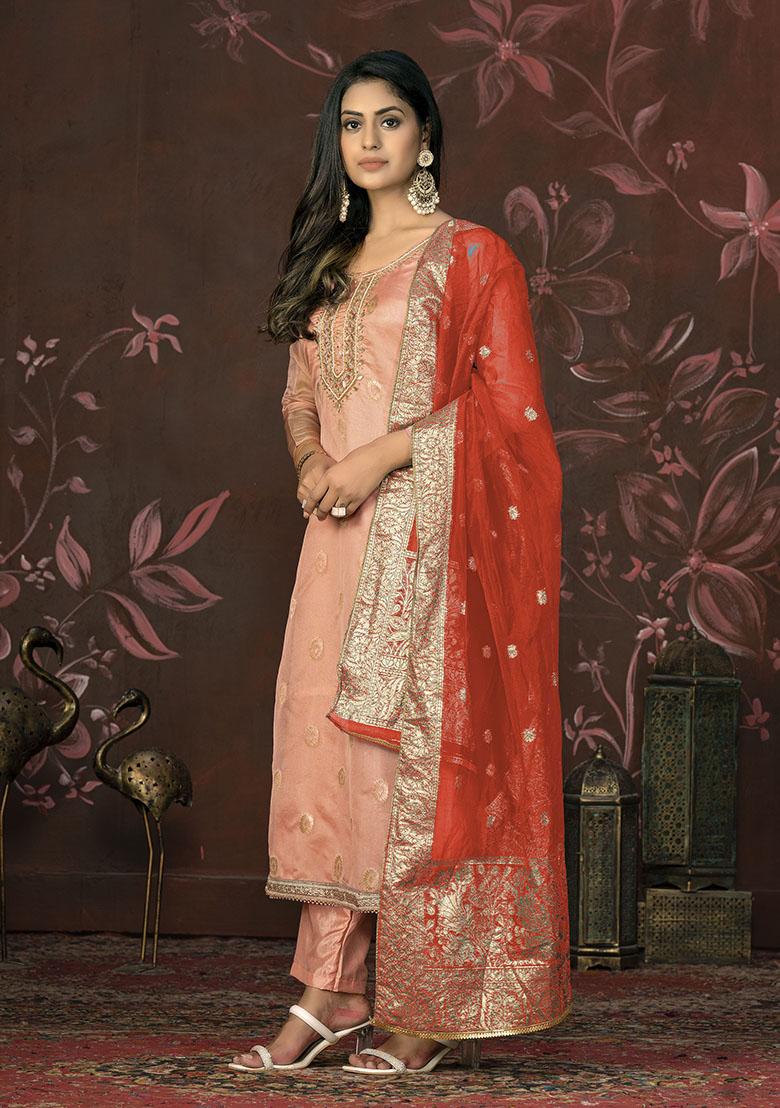 Peach Embroidered Organza Dress Material