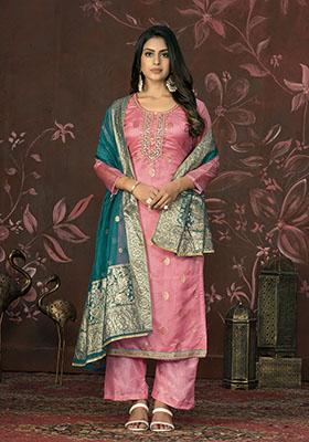 Pink Embroidered Organza Dress Material