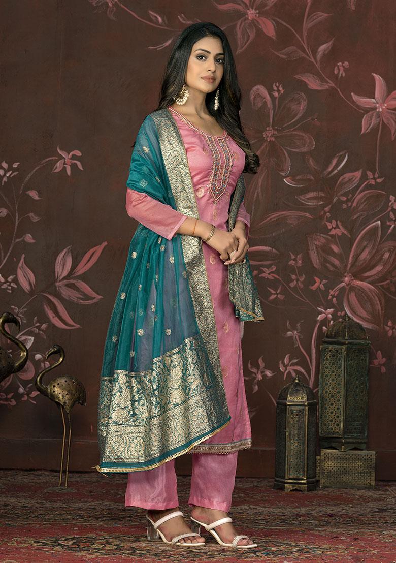 Pink Embroidered Organza Dress Material