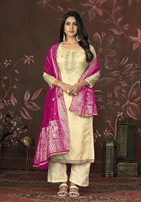 Yellow Printed Organza Dress Material