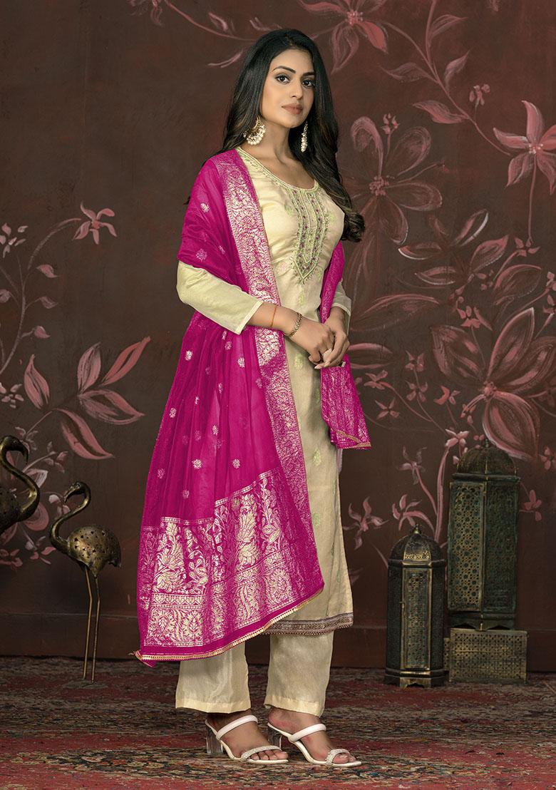 Yellow Printed Organza Dress Material