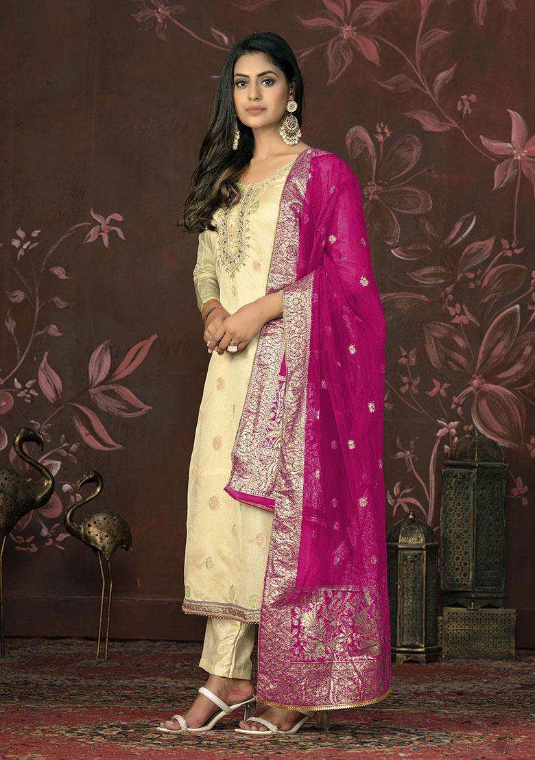 Yellow Printed Organza Dress Material