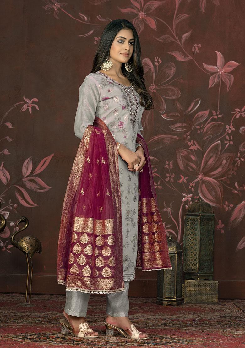 Grey Printed Organza Dress Material